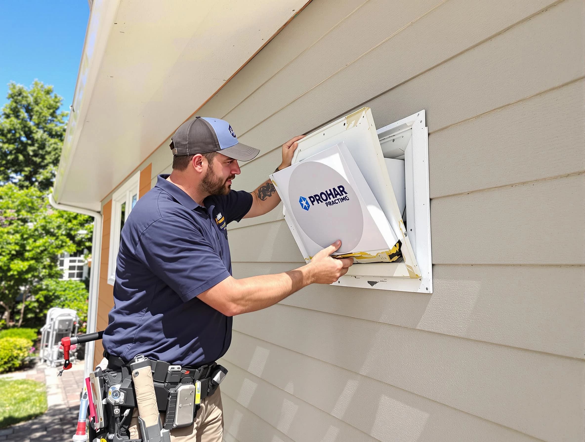 Bethel Acres Dryer Vent Cleaning technician installing a new protective dryer vent cover on a home in Bethel Acres