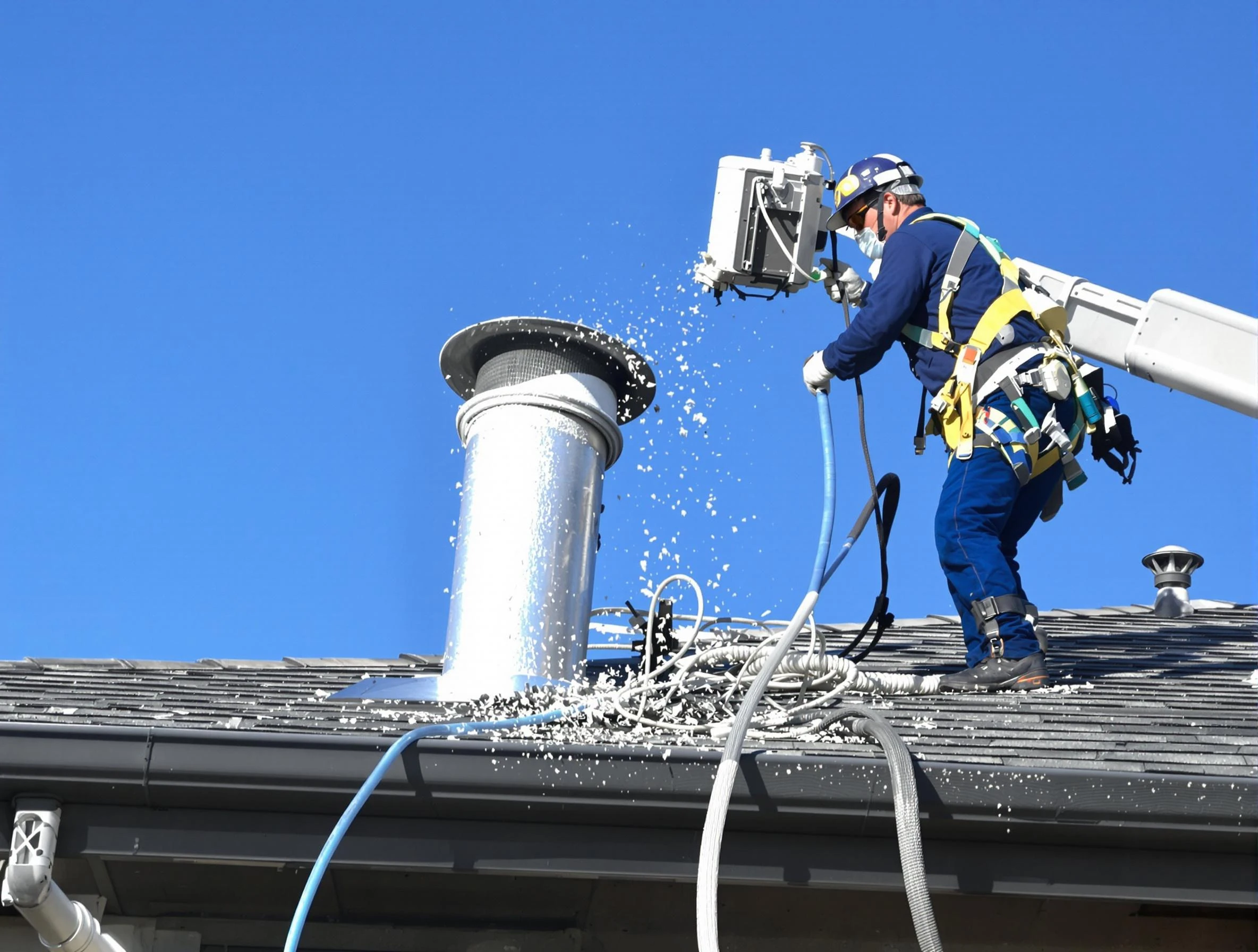 Bethel Acres Dryer Vent Cleaning certified technician safely cleaning a roof-mounted dryer vent in Bethel Acres